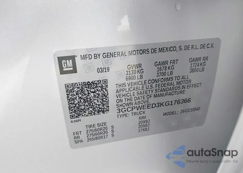 2019 Chevrolet Silverado 1500 Ltz z USA, uszkodzony, nr VIN 3GCPWEED3KG176366